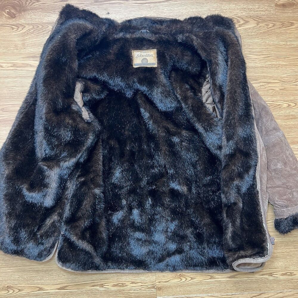 Vtg St Johns Bay Suede Leather Faux Fur Lined  Jacket Zip Hood Womens Sz M Brown - Picture 4 of 11